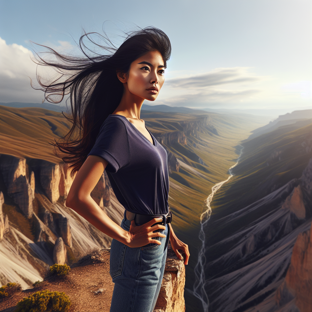 A woman standing confidently at the edge of a cliff overlooking a vast landscape, symbolizing mental fortitude and resilience