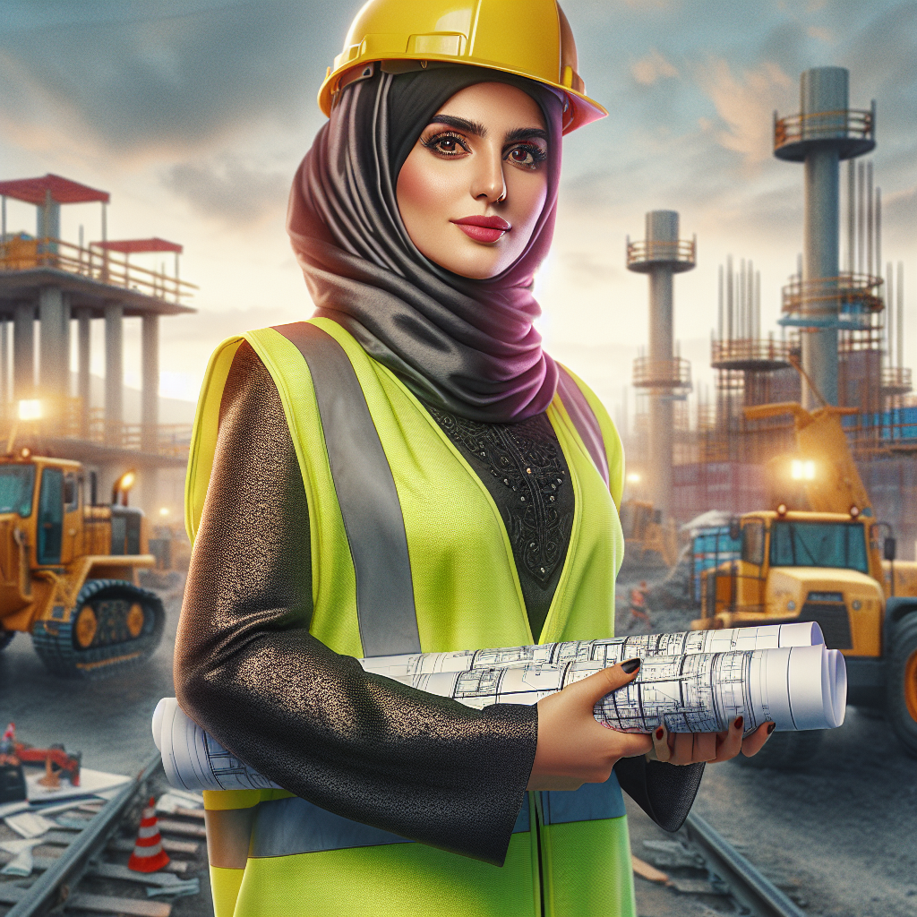 A woman standing confidently on a construction site holding blueprints
