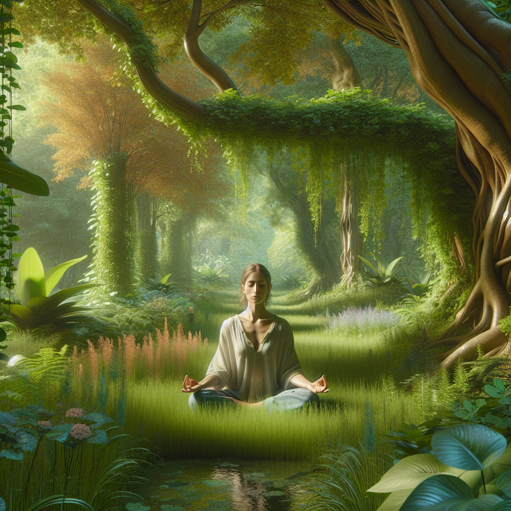A woman practicing mindfulness in a serene park setting, surrounded by nature, with a calm expression