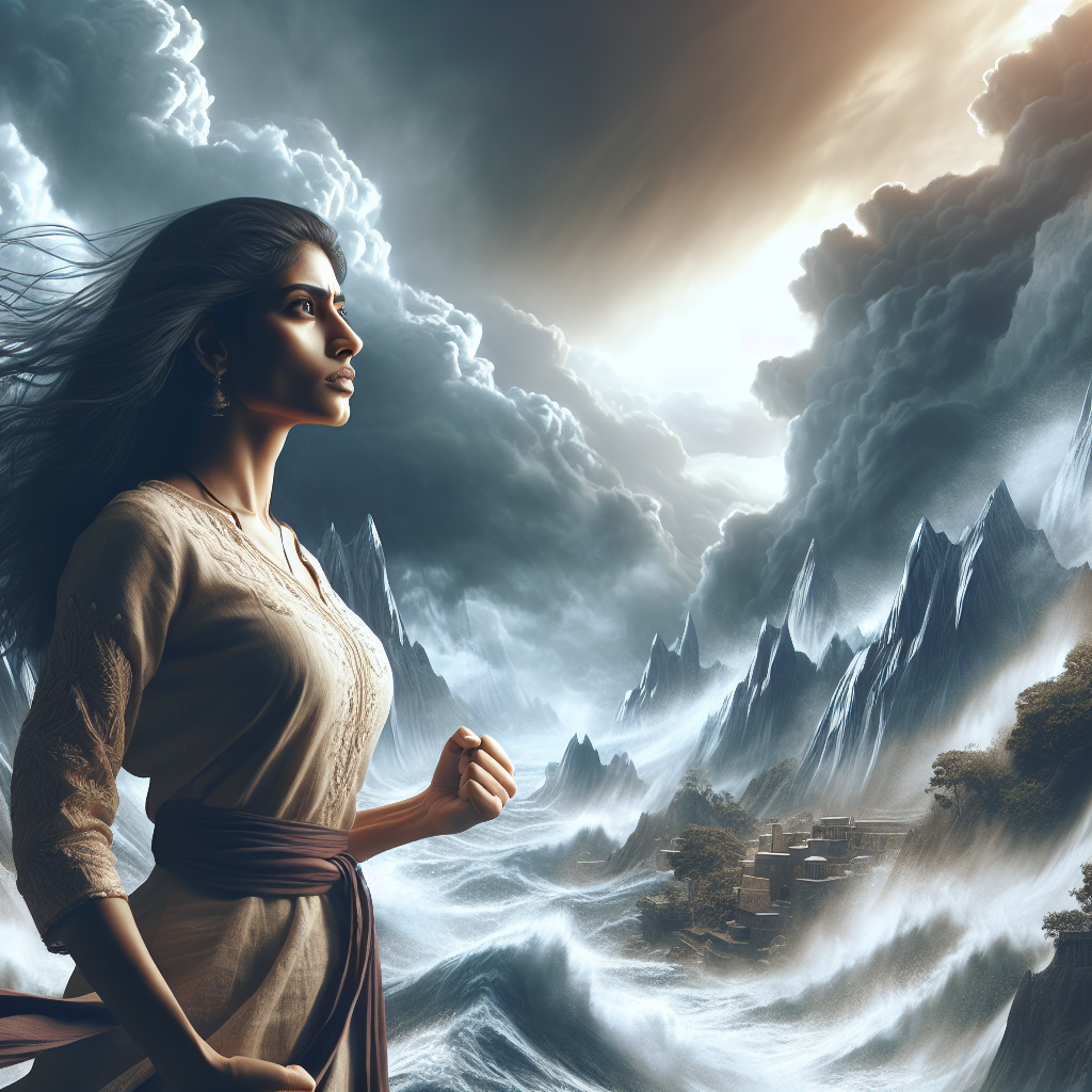 A woman standing strong amidst a stormy landscape, symbolizing resilience and determination