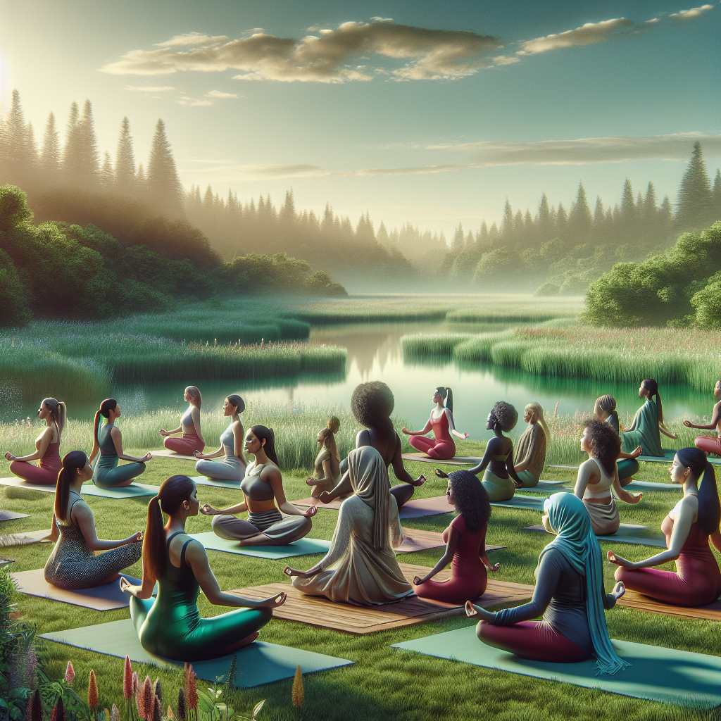 A diverse group of women practicing yoga outdoors in nature, embodying mindfulness and connection