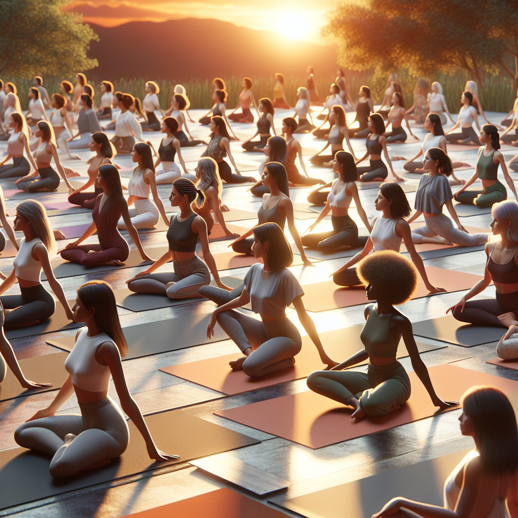 A serene yoga class with women practicing intuitive movement outdoors during sunset
