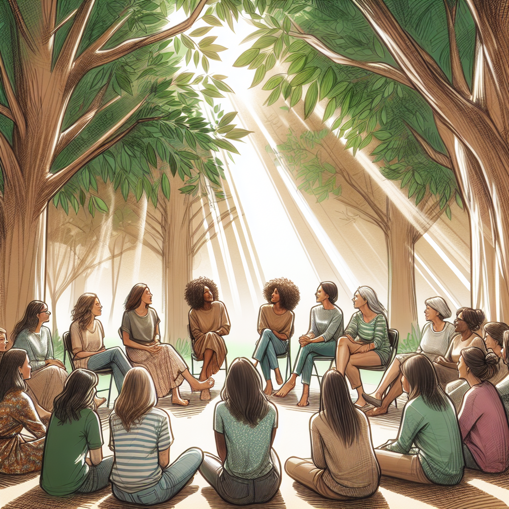 A diverse group of women sitting in a circle outdoors, sharing stories and laughter under trees, with sunlight filtering through leaves