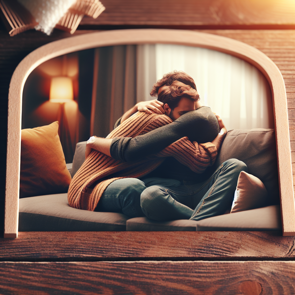 A warm embrace between friends in a cozy living room setting, showcasing comfort and connection