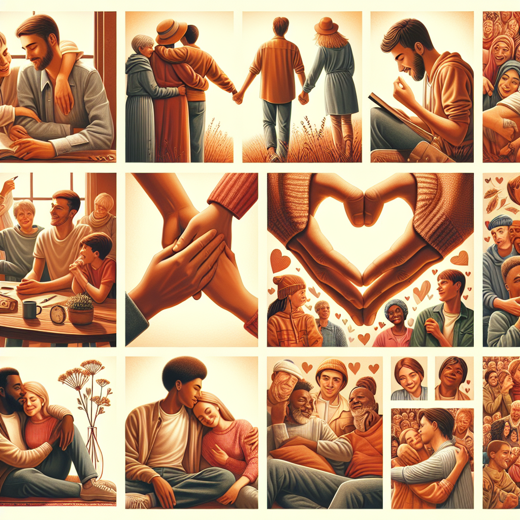 A collage showing diverse forms of affectionate touch among friends, family members, and couples - hugs, hand-holding, playful interactions