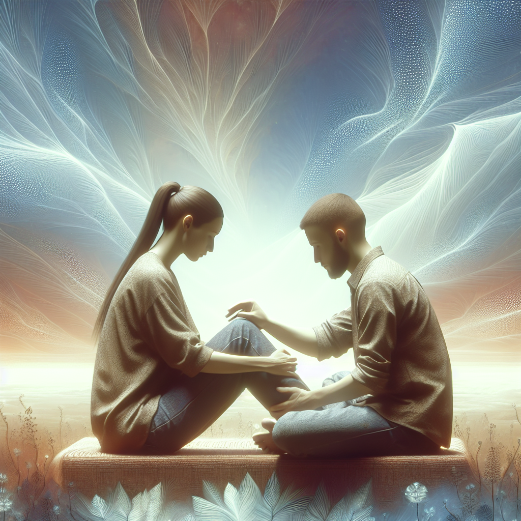 A serene setting depicting two people engaging in gentle touch therapy, such as holding hands or giving each other massages in a peaceful environment