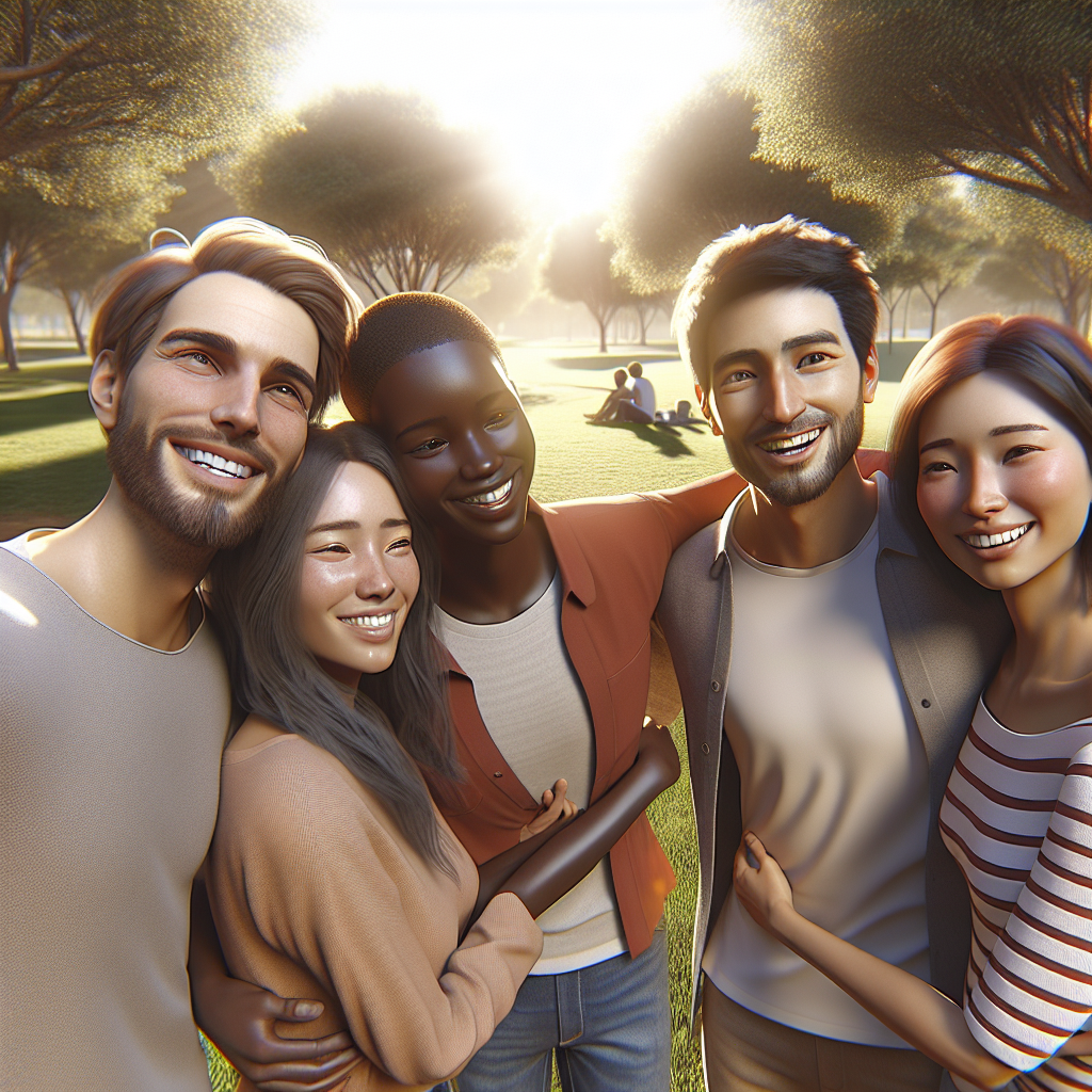 A diverse group of friends sharing a warm hug in a park setting