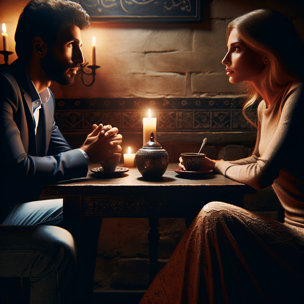 A couple discussing their relationship boundaries at a cozy cafe