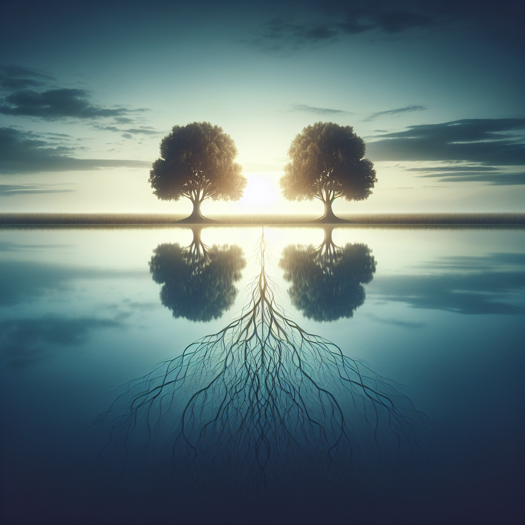 A serene landscape with two trees standing apart but beautifully connected by roots underground symbolizing healthy relationship boundaries