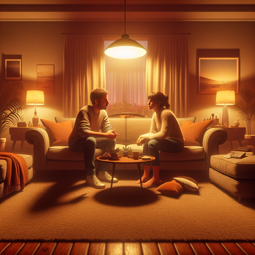 A couple discussing their personal boundaries in a cozy living room setting