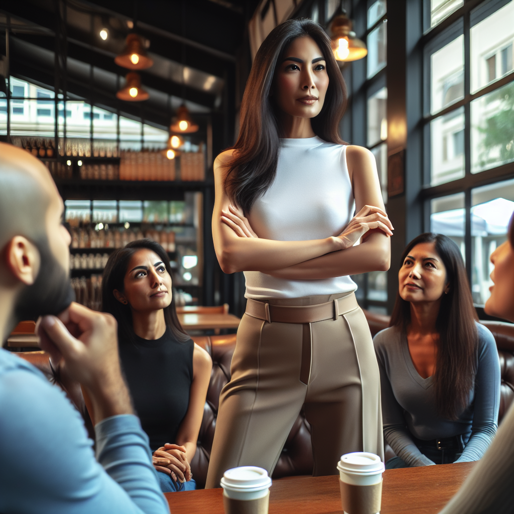 A woman confidently setting boundaries in a conversation with friends at a coffee shop