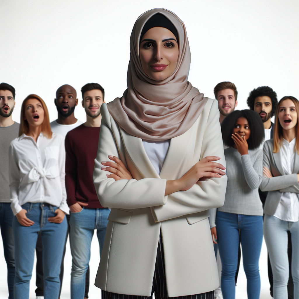 A confident woman standing tall with crossed arms in front of a group of people looking surprised