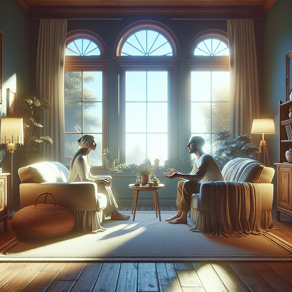 A serene scene depicting two people having an open conversation in a cozy living room, symbolizing healthy relationship boundaries