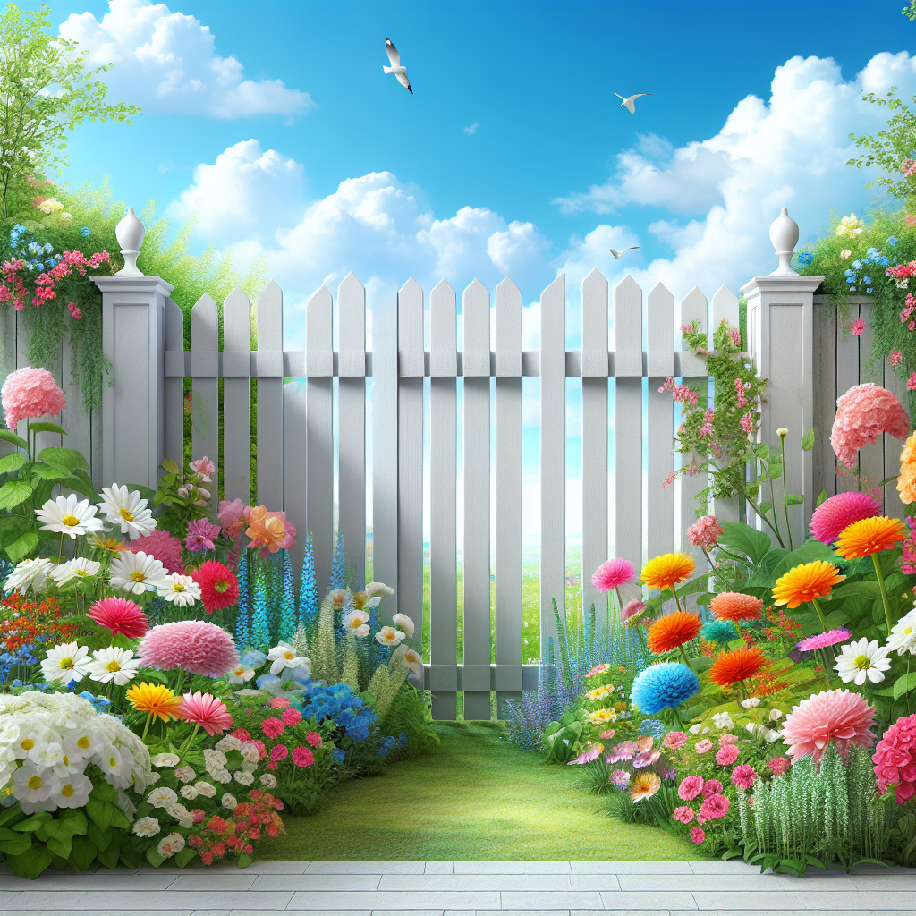 A serene garden with a white picket fence surrounding vibrant flowers under a clear blue sky
