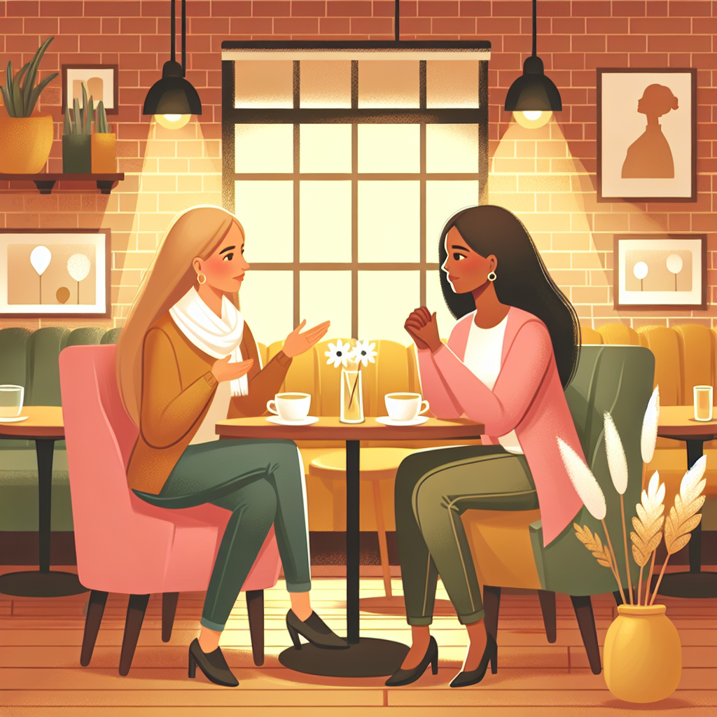 A vibrant illustration of two women having a constructive conversation about personal boundaries in a cozy café setting