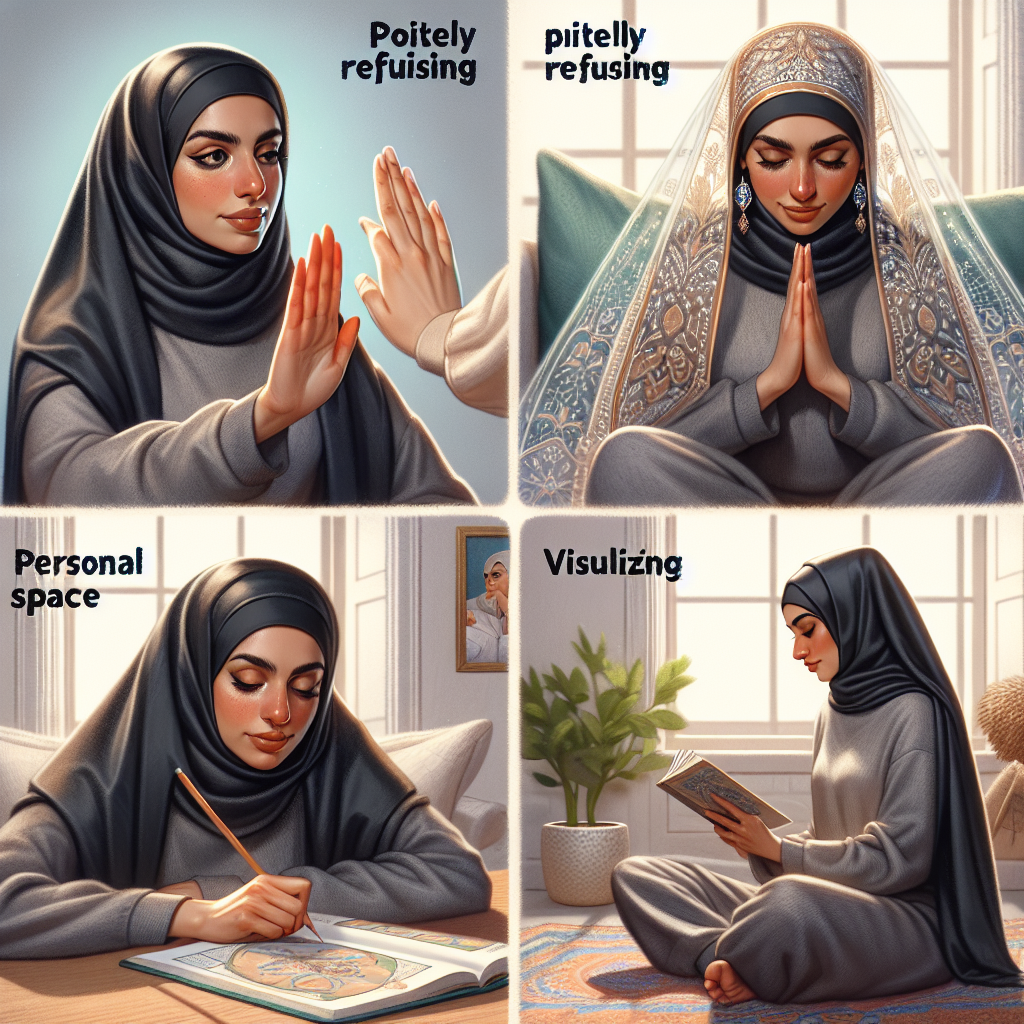 A woman practicing boundary setting in various scenarios, such as saying no politely, journaling her thoughts, and visualizing her personal space, in an empowering and supportive environment.