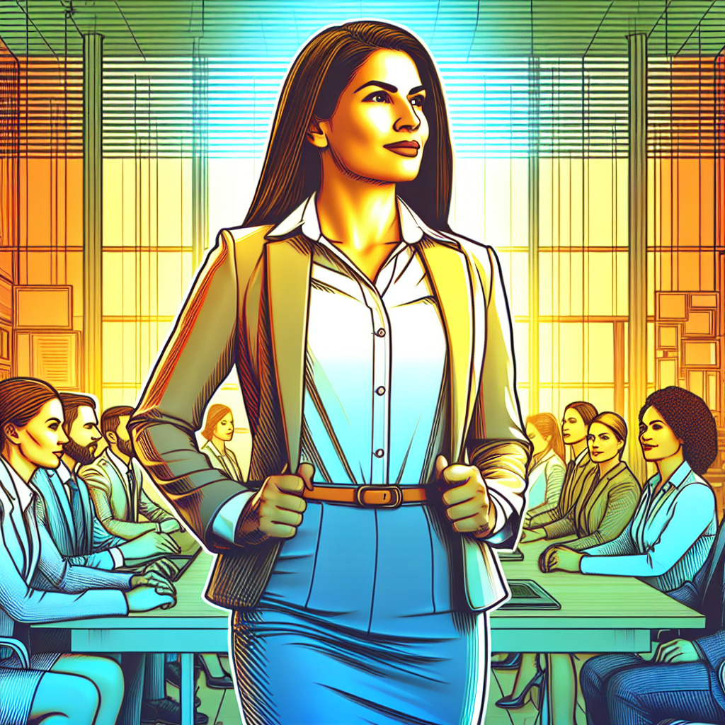 A confident woman standing tall in an office environment with clear boundaries represented visually; bright colors conveying empowerment and professionalism