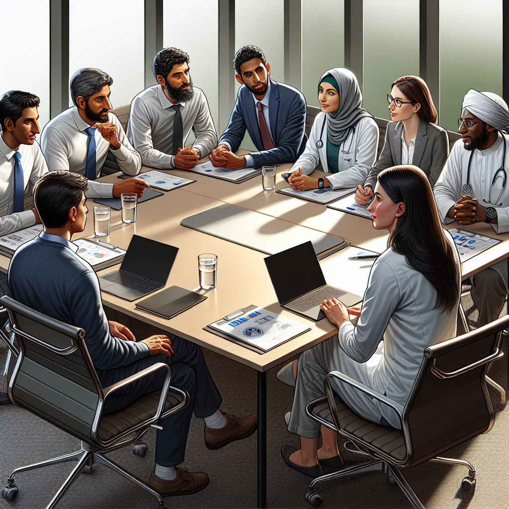 A diverse group of professionals discussing around a table with clear boundary markers illustrated visually