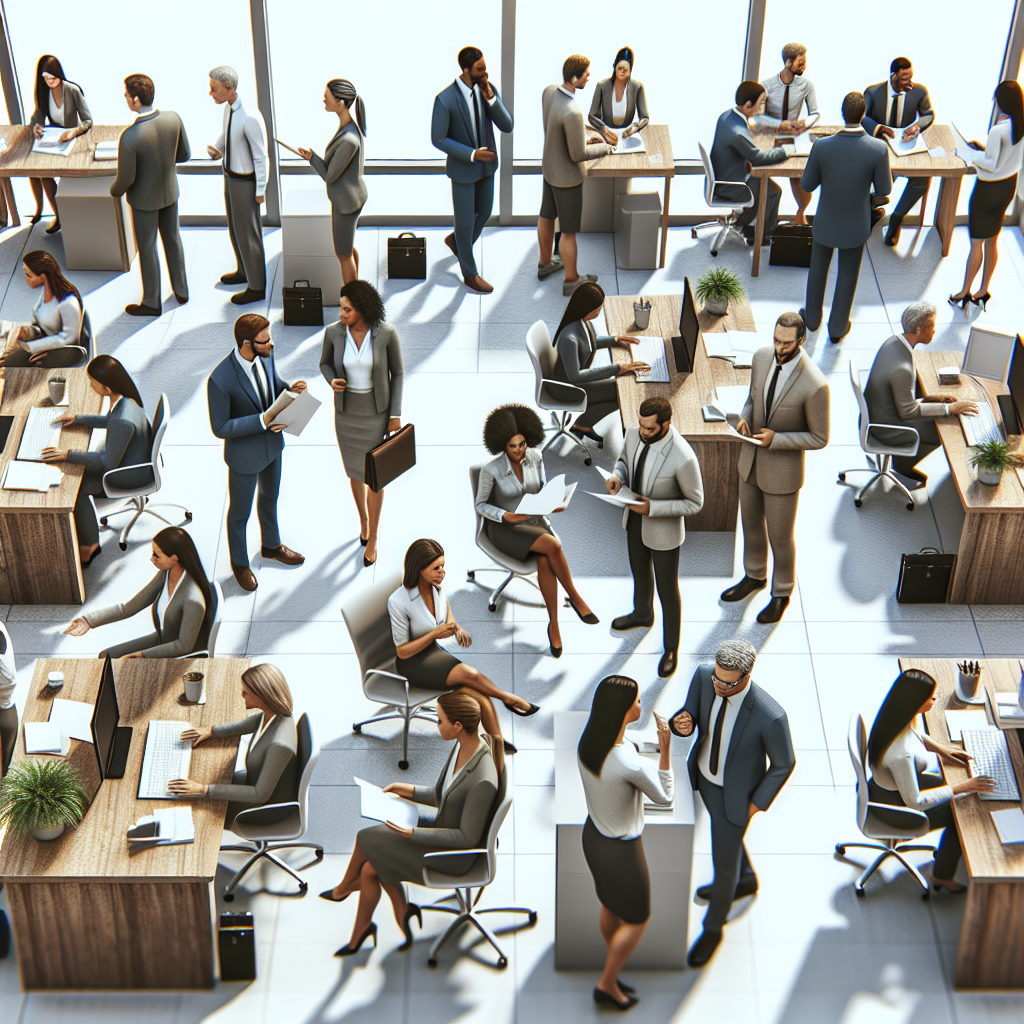 An office scene showing diverse professionals engaging respectfully with each other while maintaining clear personal space