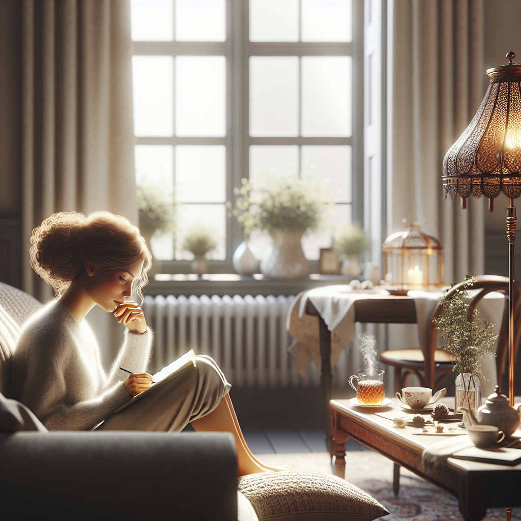 A cozy home setting with soft lighting, featuring a woman relaxing with a journal and herbal tea