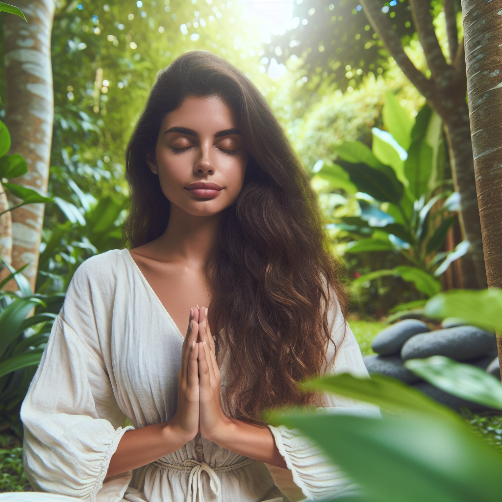 A serene woman meditating in a peaceful garden setting surrounded by nature