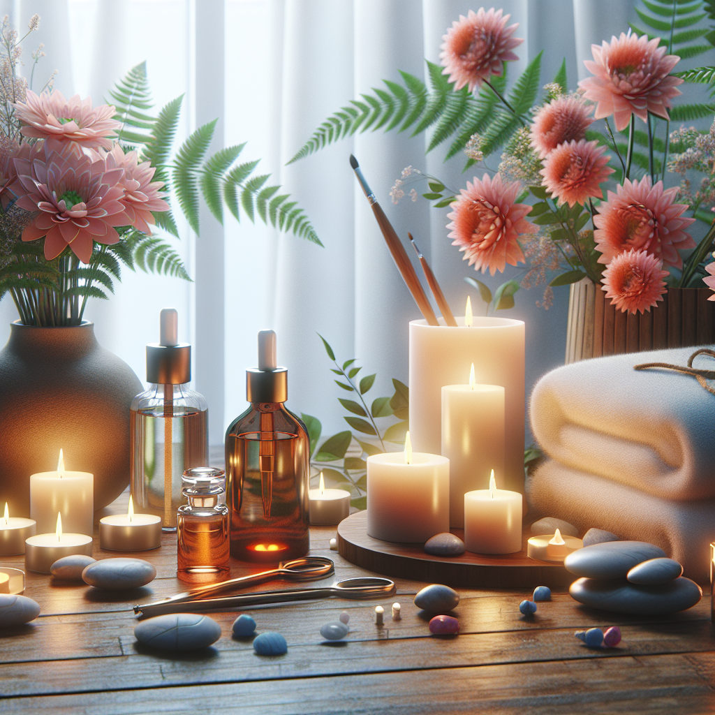 A serene home spa setup with candles, essential oils, and fresh flowers