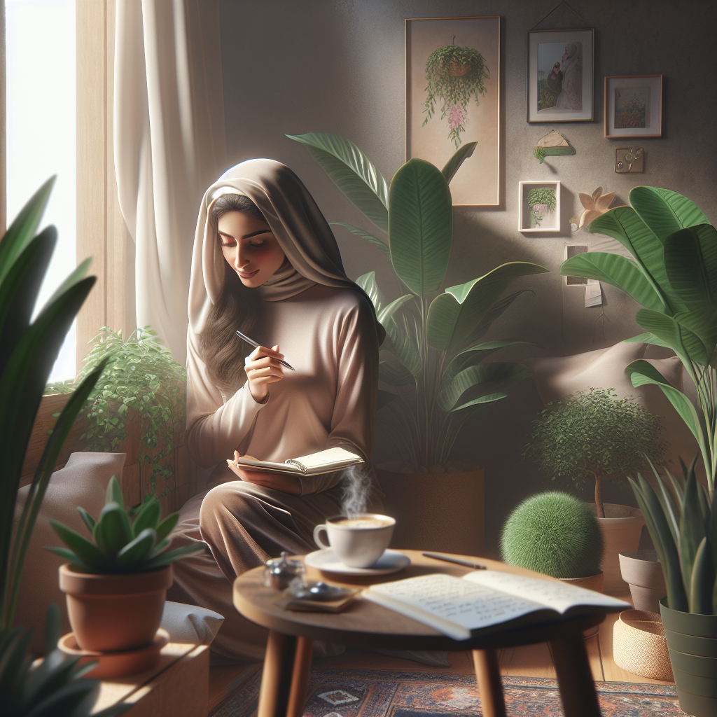 A serene morning scene with a woman enjoying her coffee while journaling in a cozy corner filled with plants