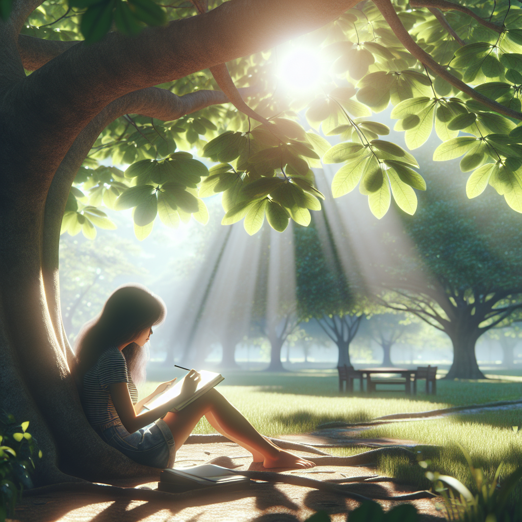 A serene woman journaling in nature under a tree with sunlight filtering through leaves