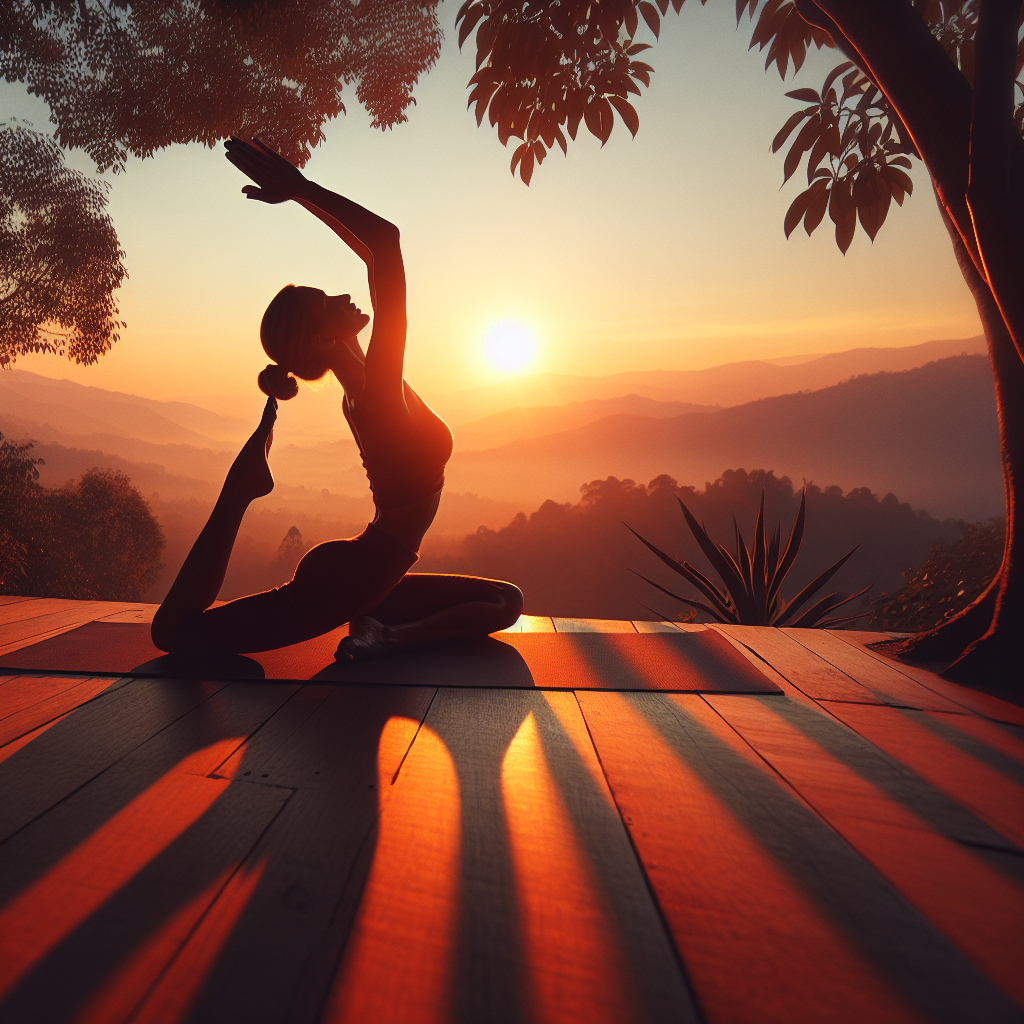 A serene scene of a woman practicing yoga outdoors at sunset with soft lighting