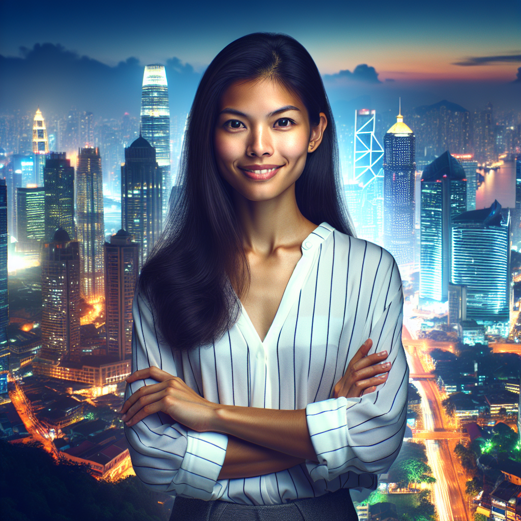 A confident woman standing tall in a vibrant cityscape, arms crossed with a smile