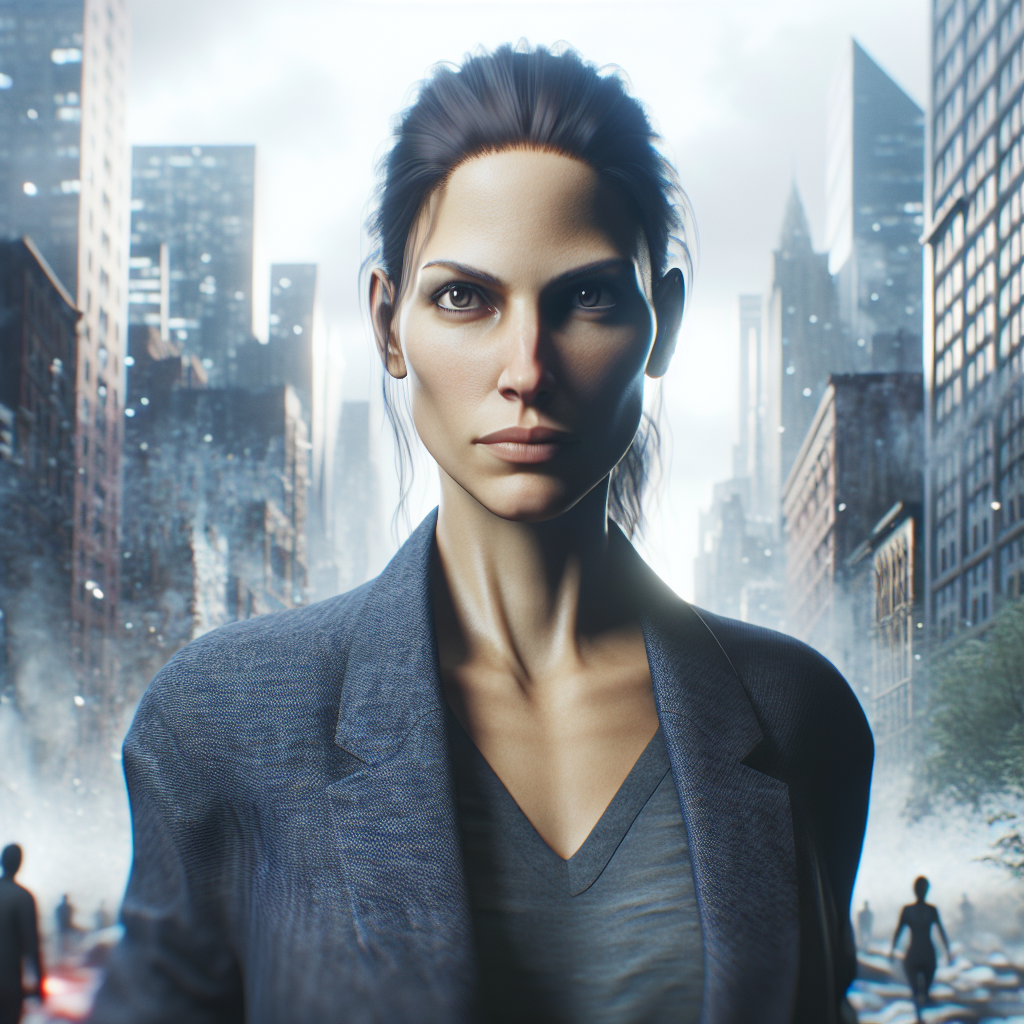 A confident woman standing tall amidst a chaotic cityscape, symbolizing resilience and inner strength