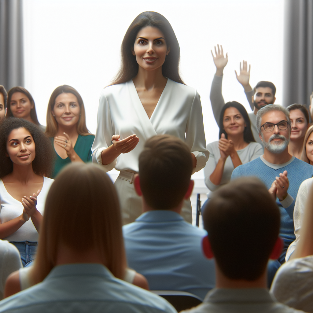 A woman confidently giving a presentation in front of an audience, with expressions of engagement and support from the crowd