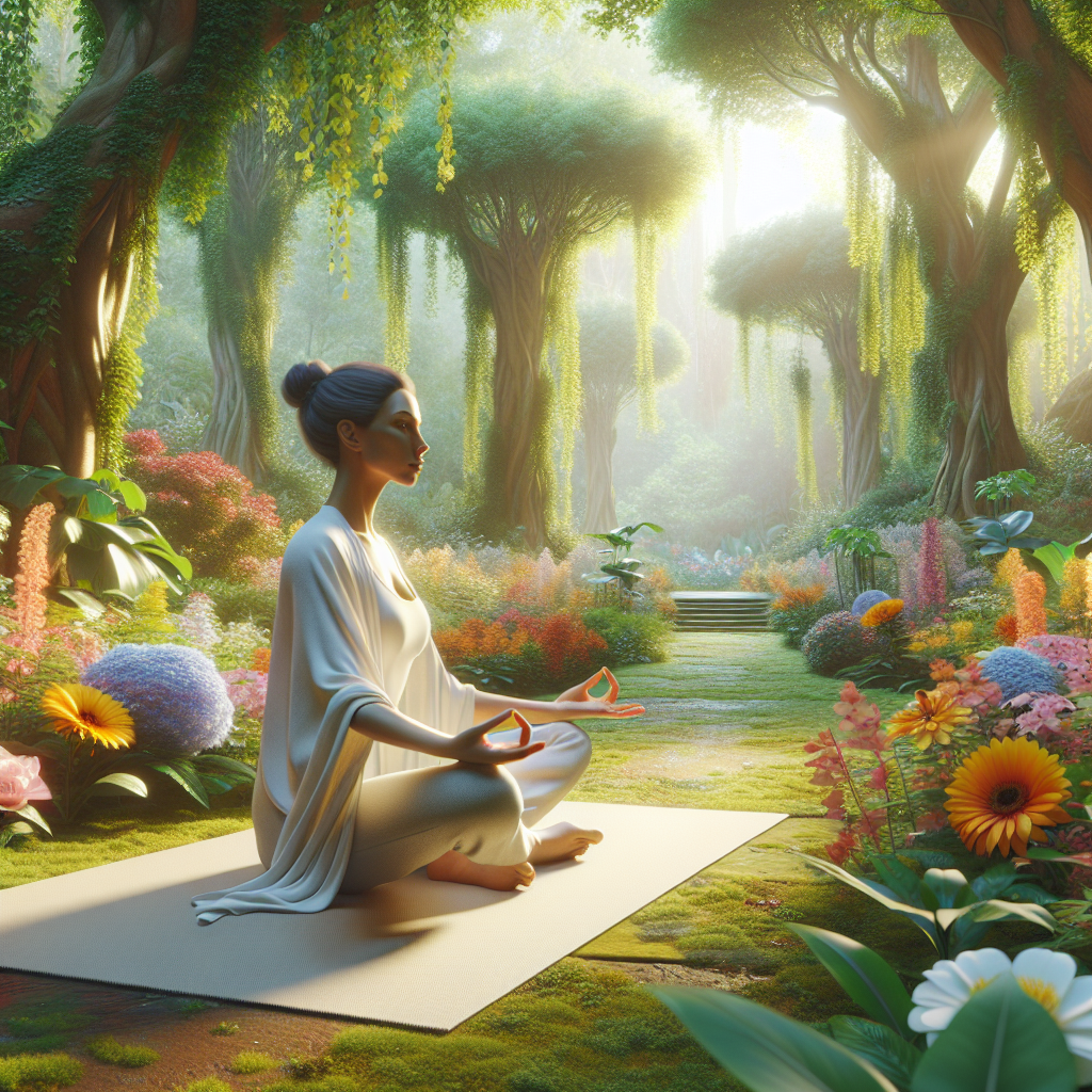 A serene woman practicing yoga in a peaceful garden setting, embodying holistic wellness and mindfulness