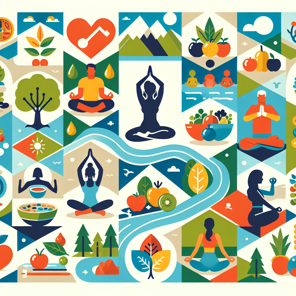 A vibrant illustration depicting the interconnectedness of physical, mental, and emotional health through various symbols like yoga poses, healthy foods, meditation practices, and nature