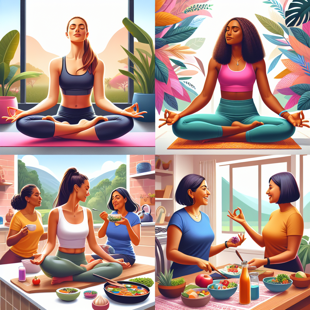 A vibrant illustration showing diverse women engaging in various wellness activities such as yoga, cooking healthy meals, meditating outdoors, and discussing goals with a coach