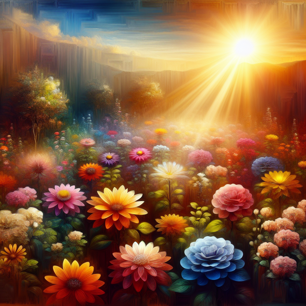 A vibrant garden representing personal growth and habit formation, with flowers symbolizing positive habits blooming under sunlight