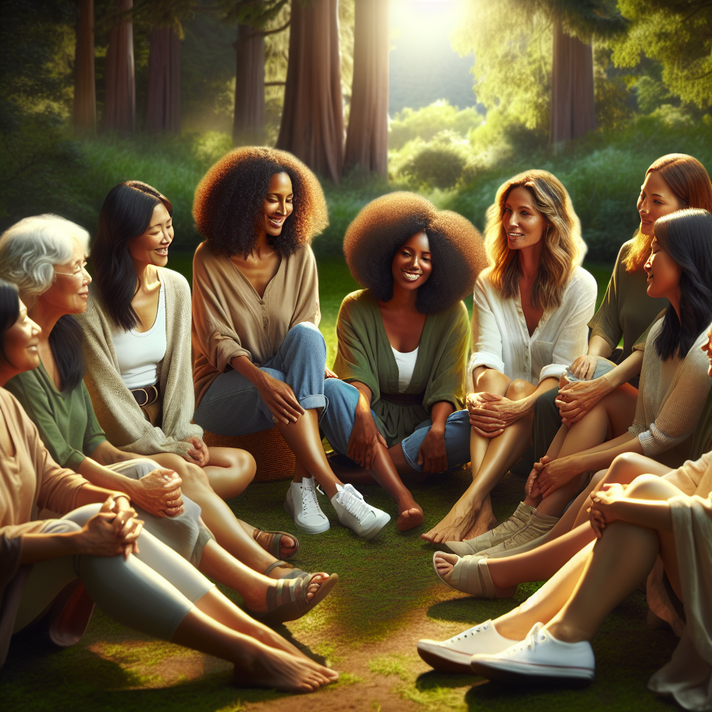 A diverse group of women sitting in a circle outdoors, sharing stories and laughing together in a serene park setting