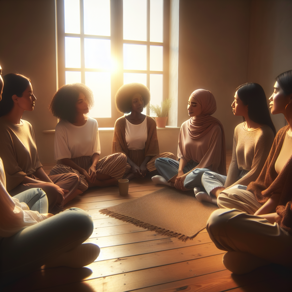 A serene indoor setting with women sitting together in a circle, engaged in heartfelt conversation with soft lighting