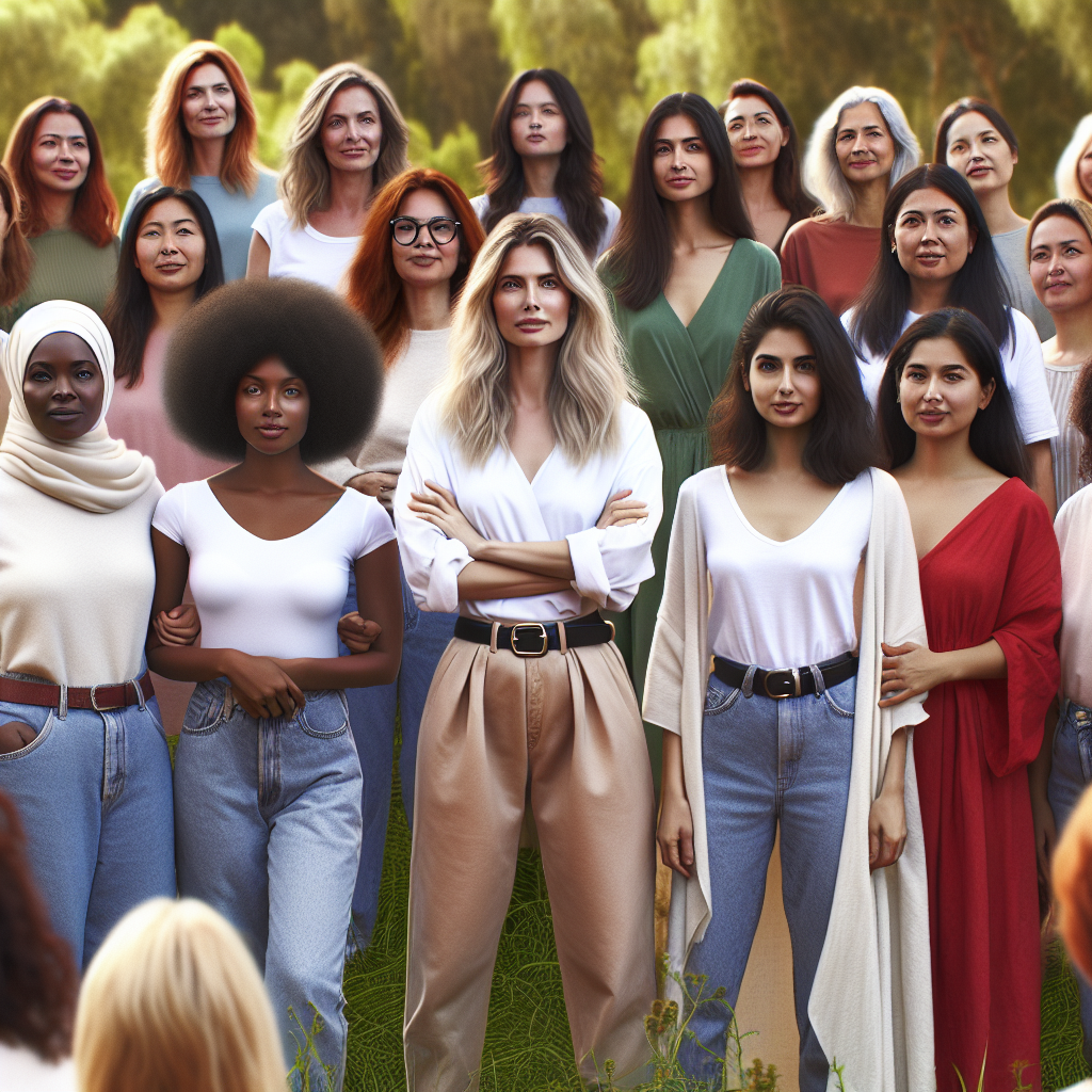 A diverse group of women standing together in solidarity outdoors, showcasing strength and unity while sharing stories in a natural setting