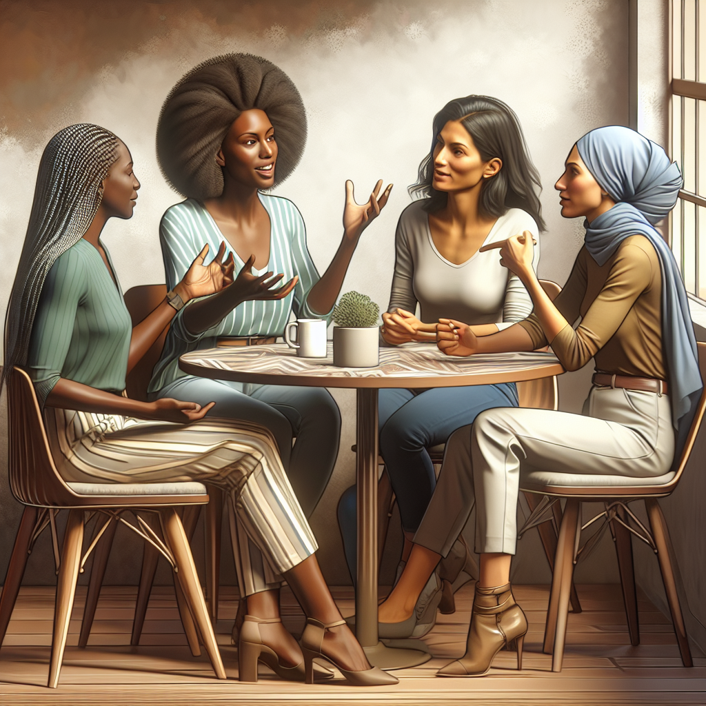 A group of diverse women engaged in a lively discussion around a table, showcasing expressive body language and active listening in an inviting indoor setting
