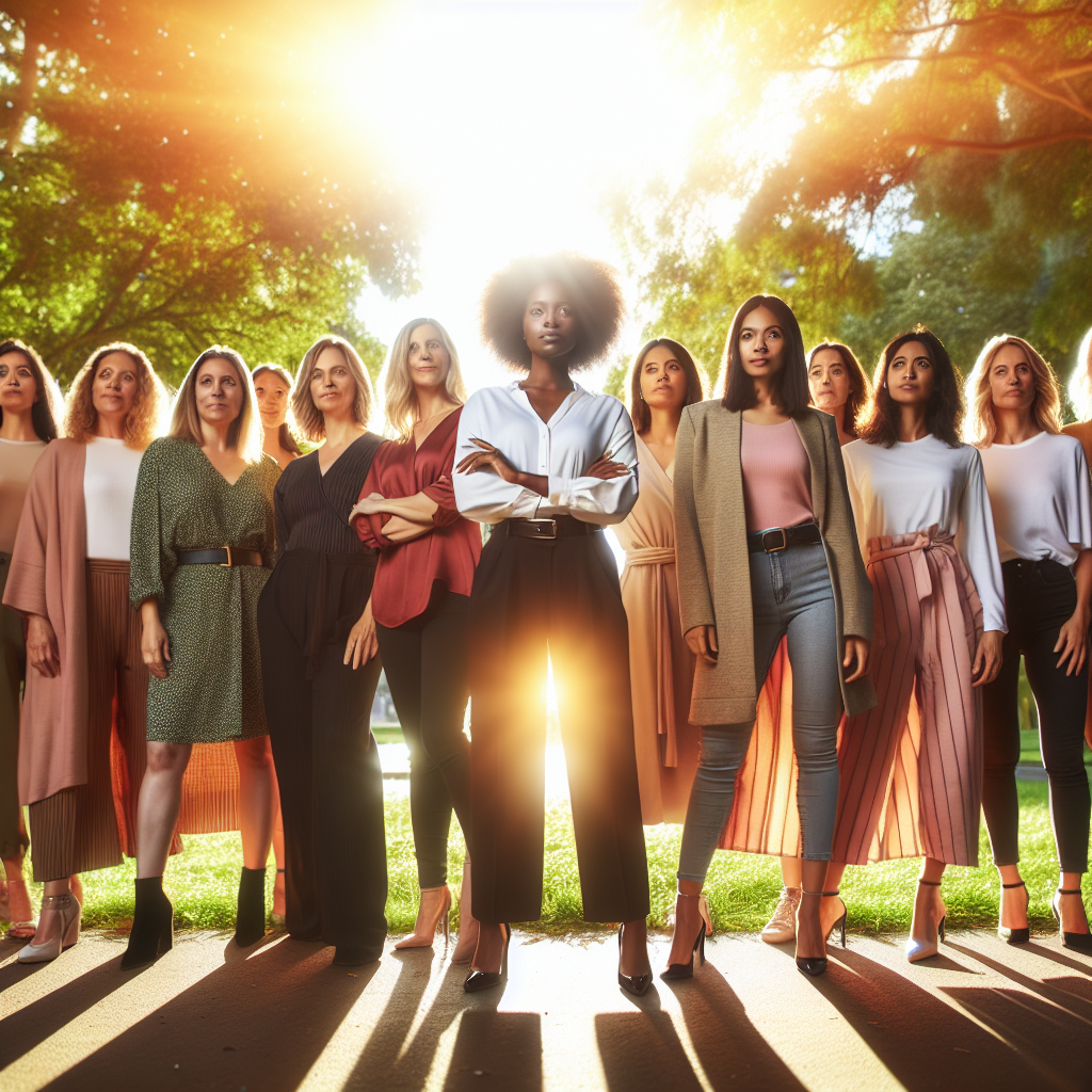 A diverse group of women standing confidently together in a sunny park, showcasing empowerment and unity