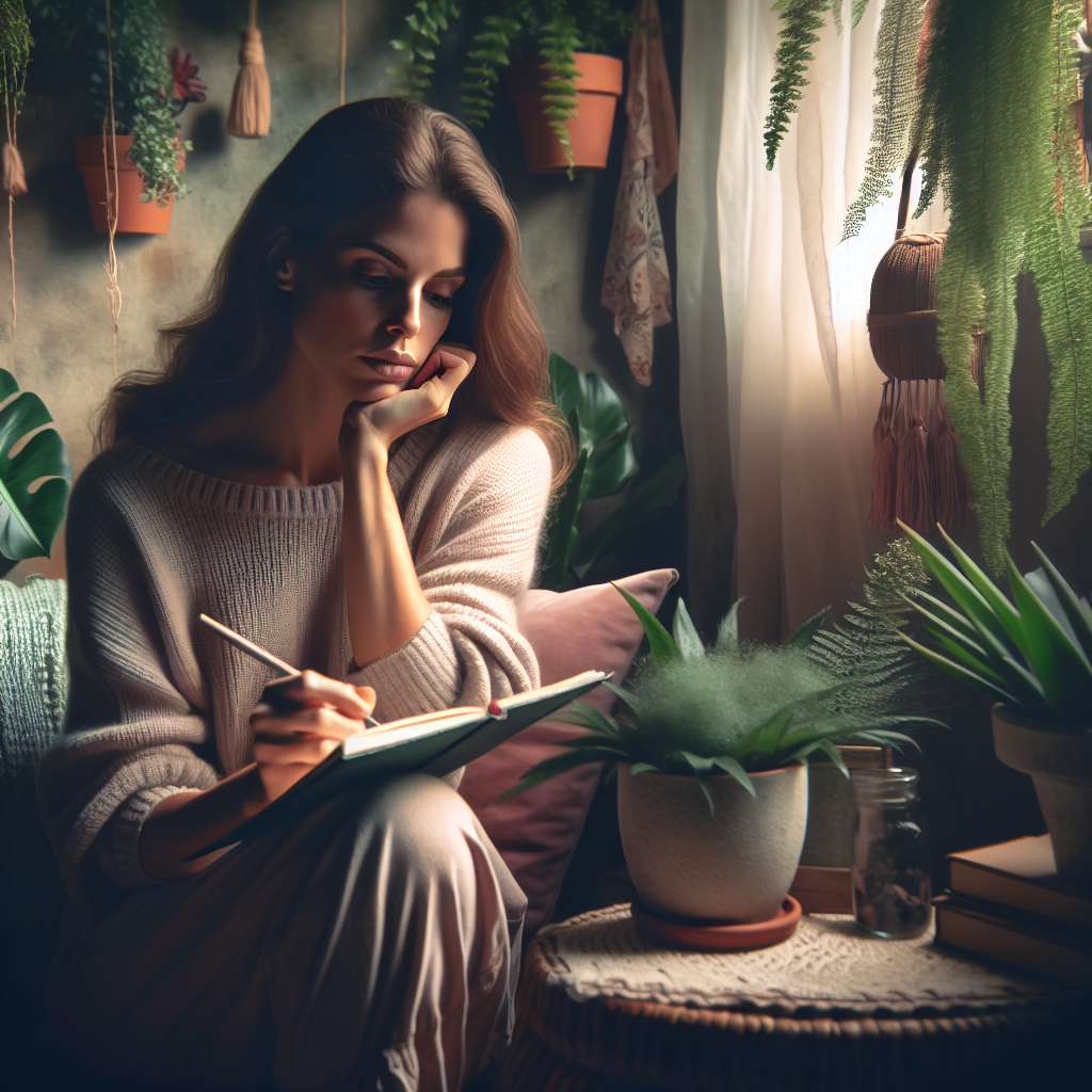A woman journaling in a cozy room with plants around her, reflecting on her thoughts with a serene expression