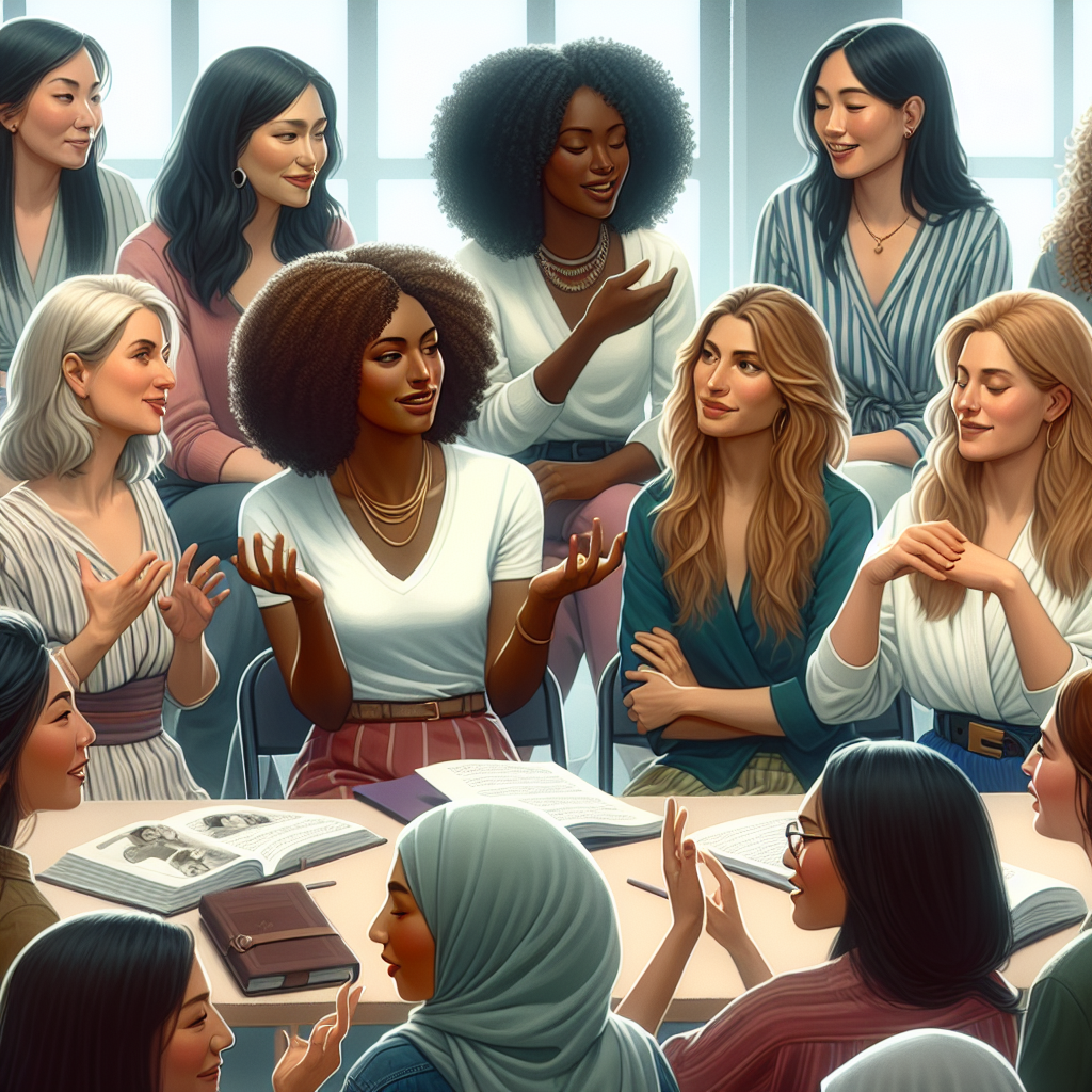 A diverse group of women gathered together in a workshop setting, sharing stories and empowering each other