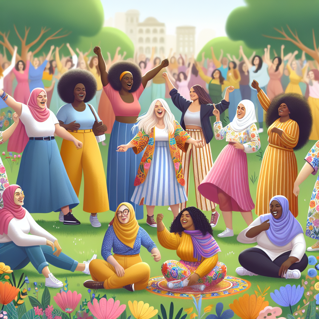 A diverse group of women celebrating their individuality in a vibrant park setting, showcasing body positivity and self-love.