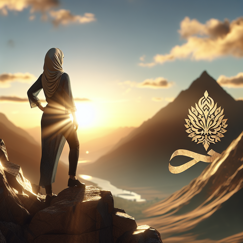 A woman standing confidently on top of a mountain peak during sunrise, symbolizing resilience and strength