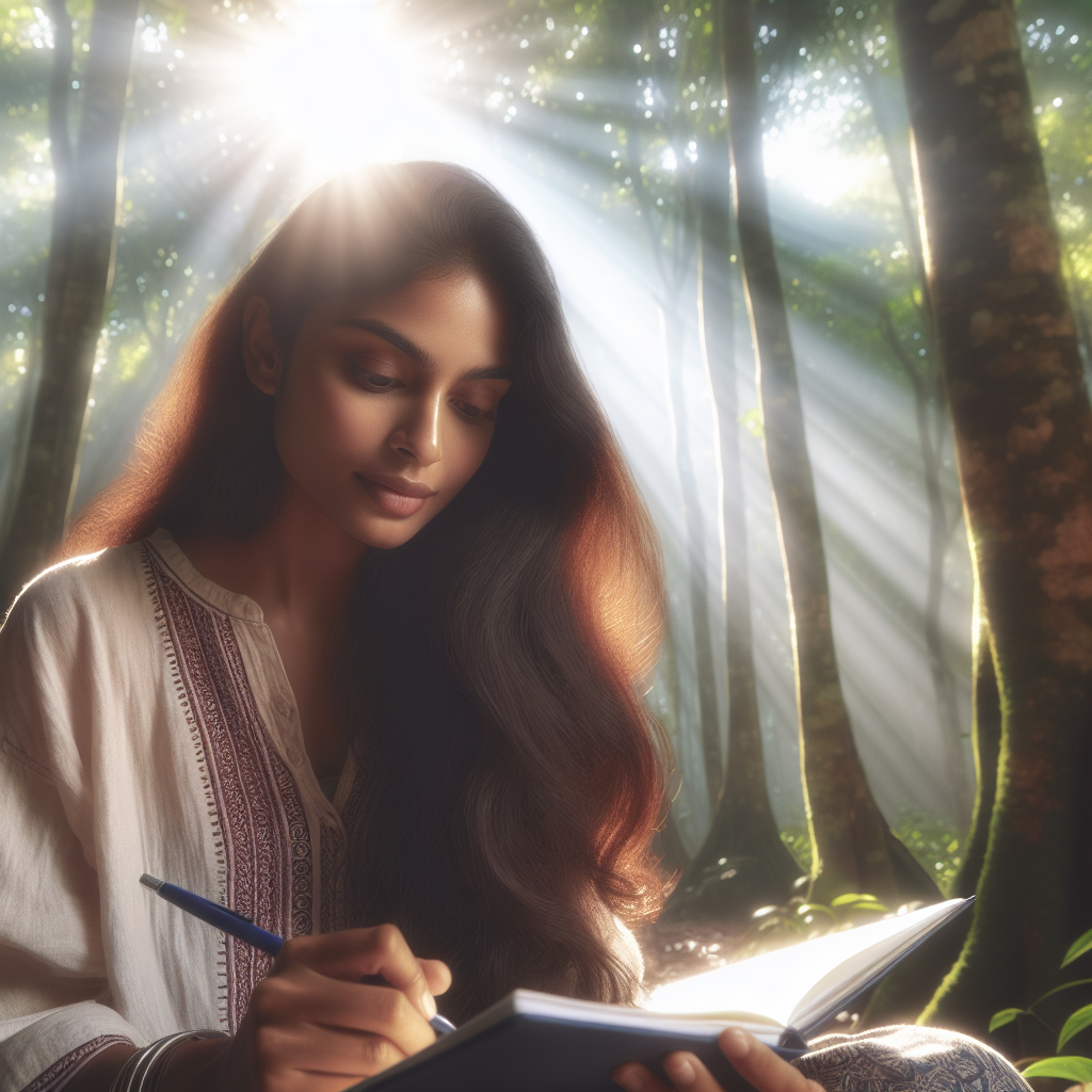 A woman journaling in nature with a serene expression, surrounded by trees and sunlight