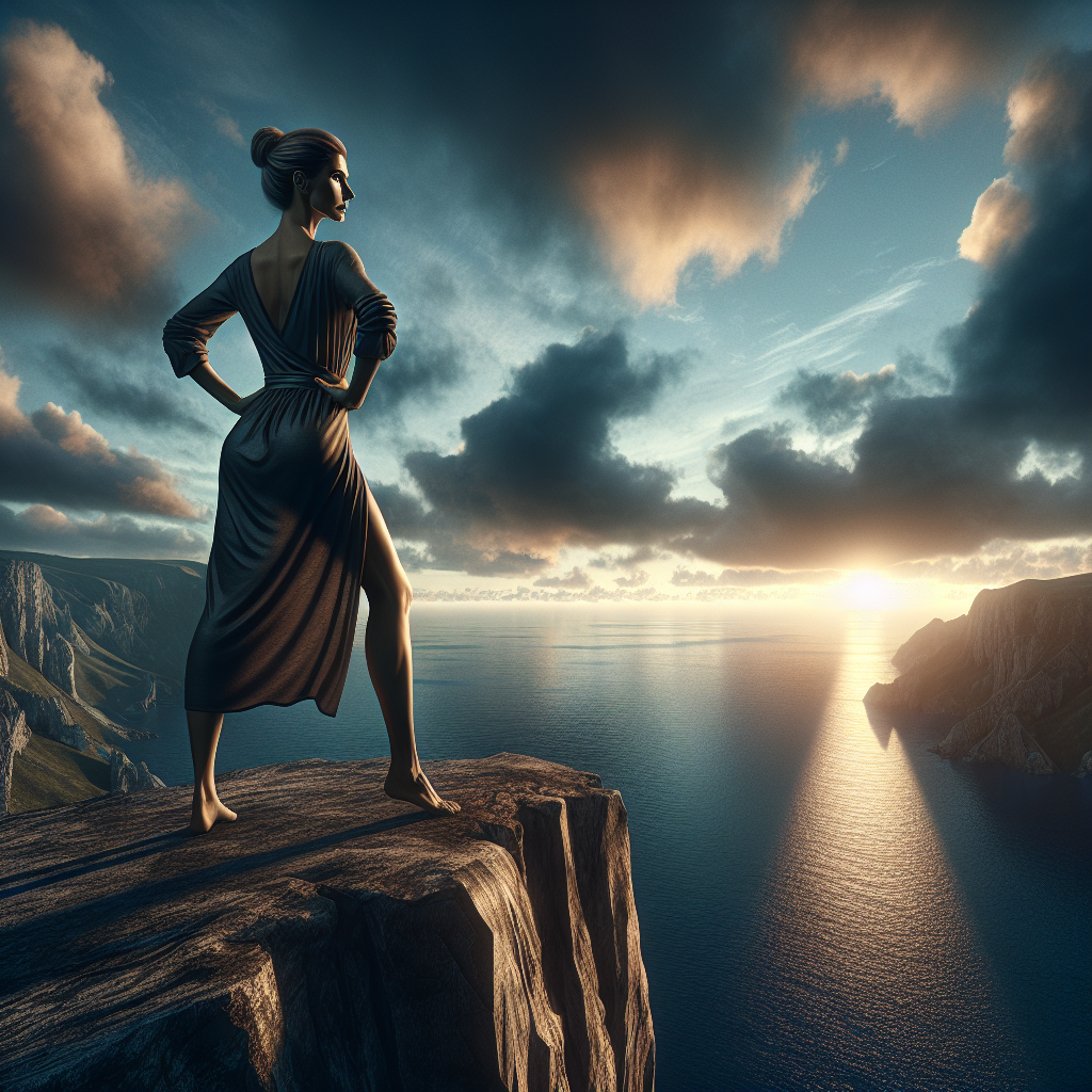 A woman standing confidently at the edge of a cliff overlooking an ocean during sunset, symbolizing resilience and strength