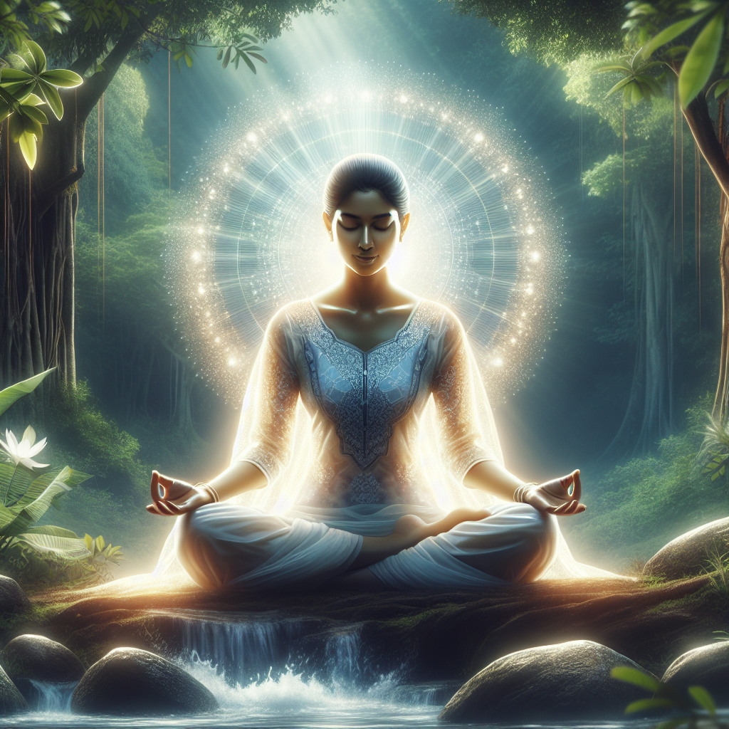 A serene woman meditating in nature surrounded by glowing light