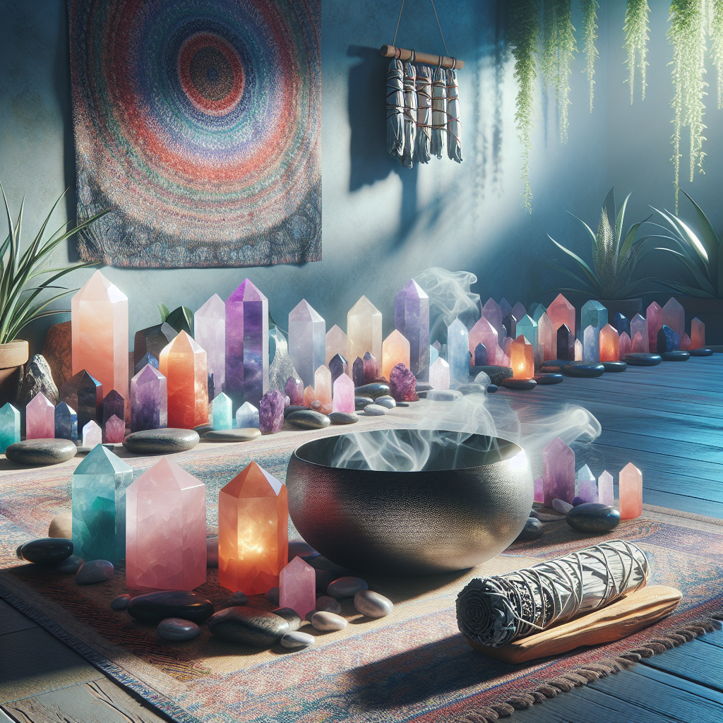 A serene meditation space with crystals, sound bowls, and sage smoke wafting through the air