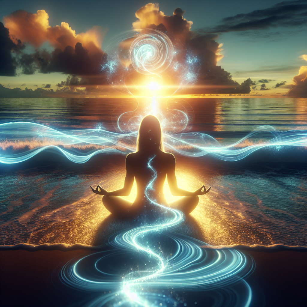 A serene woman meditating by the ocean at sunrise, surrounded by glowing energy waves symbolizing spiritual power